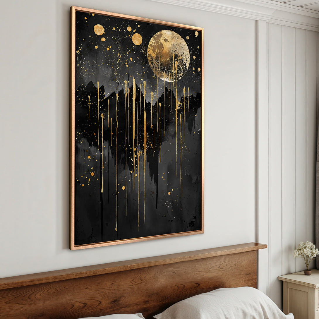 Framed Wall Art: Abstract black & gold moonscape canvas print. Modern art piece with a luxurious gold and dark color palette, perfect for any interior.