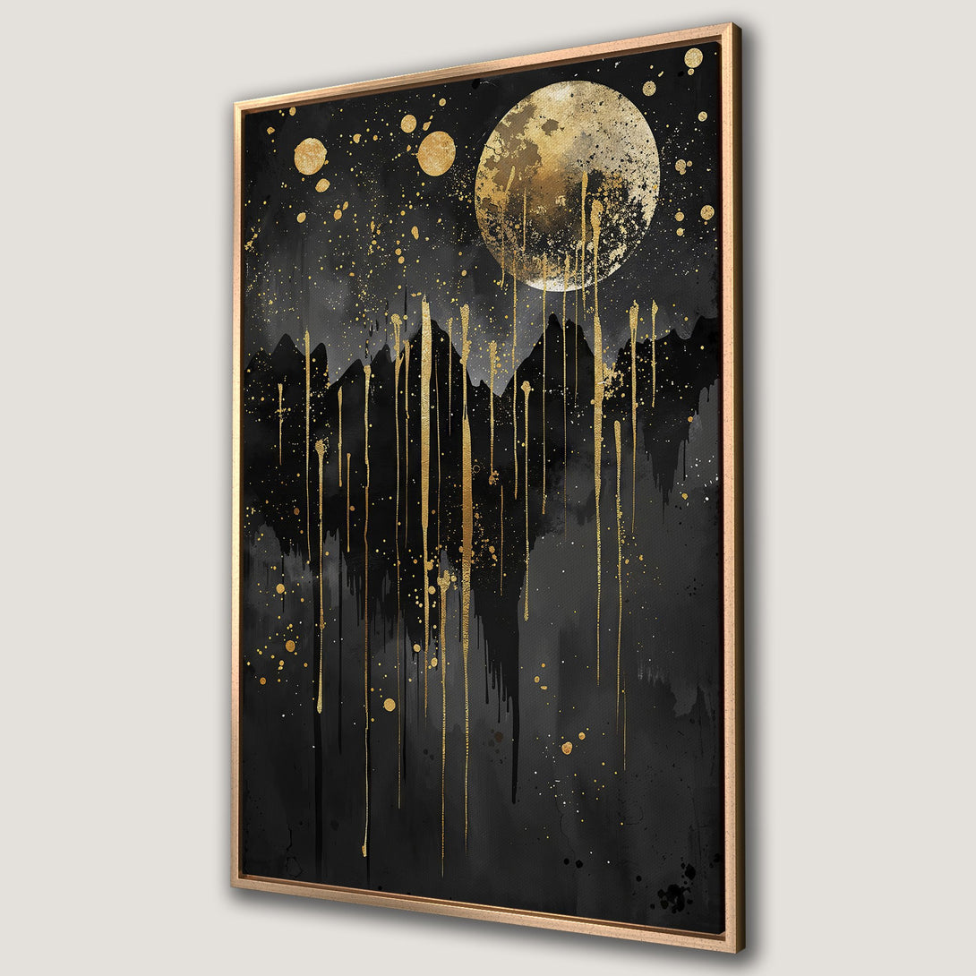 Framed Wall Art: Abstract moon and mountain scene in black and gold. Modern canvas print for a stylish home. Shop now for unique wall decor!