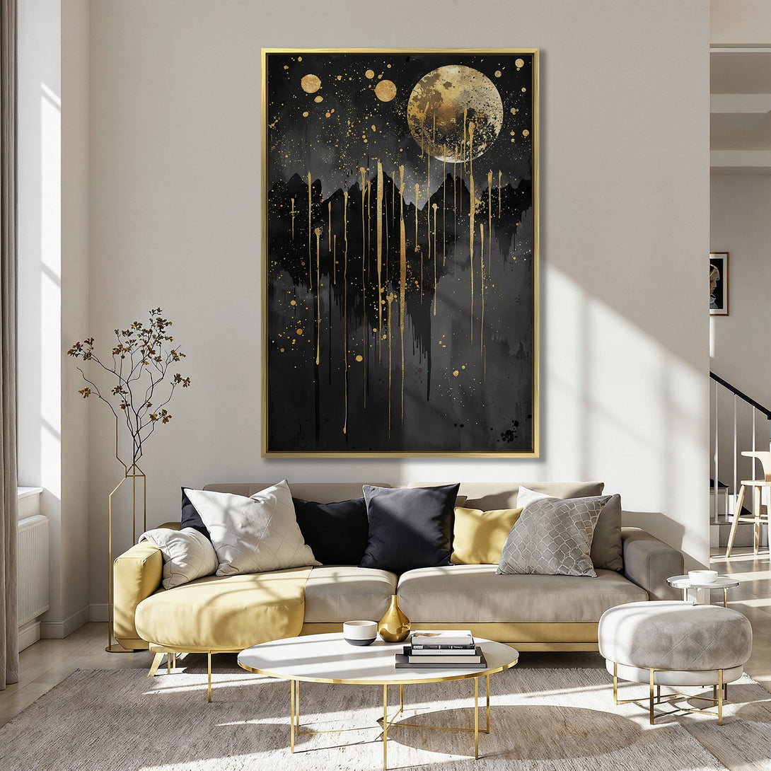 Canvas Print: Abstract moon and mountain art in black and gold, displayed in a stylish interior with a pink wall. Modern wall decor.