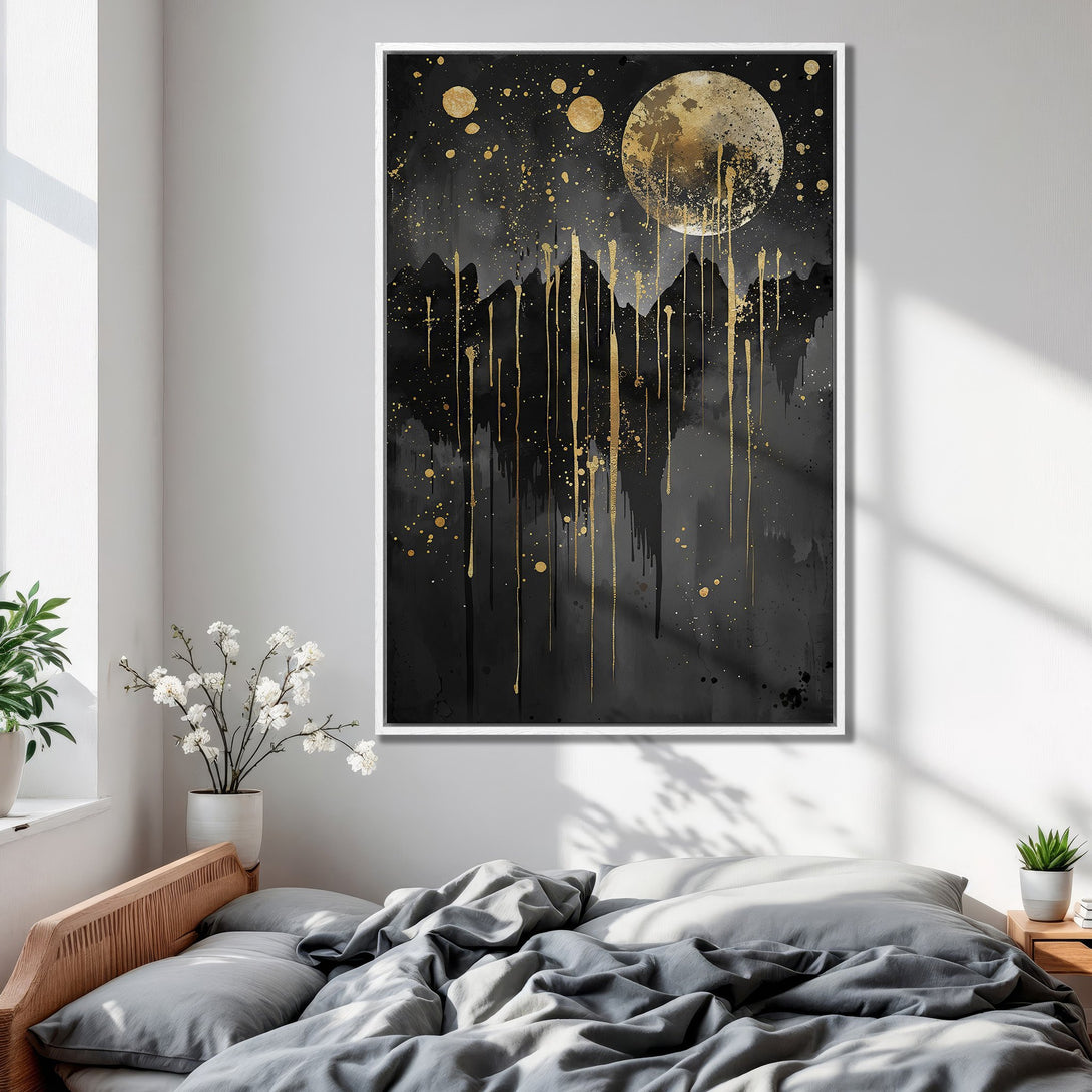 Framed Wall Art: Abstract black and gold painting of a moonlit landscape. Modern art canvas print with a luxurious, moody aesthetic for bedroom decor.