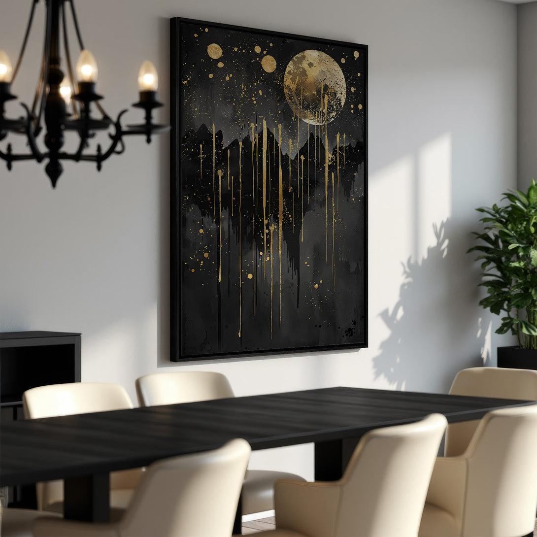 Framed Wall Art featuring a black and gold abstract moonscape. Modern art piece with a luxurious feel, perfect for dining room decor. Black, gold, and neutral color palette.