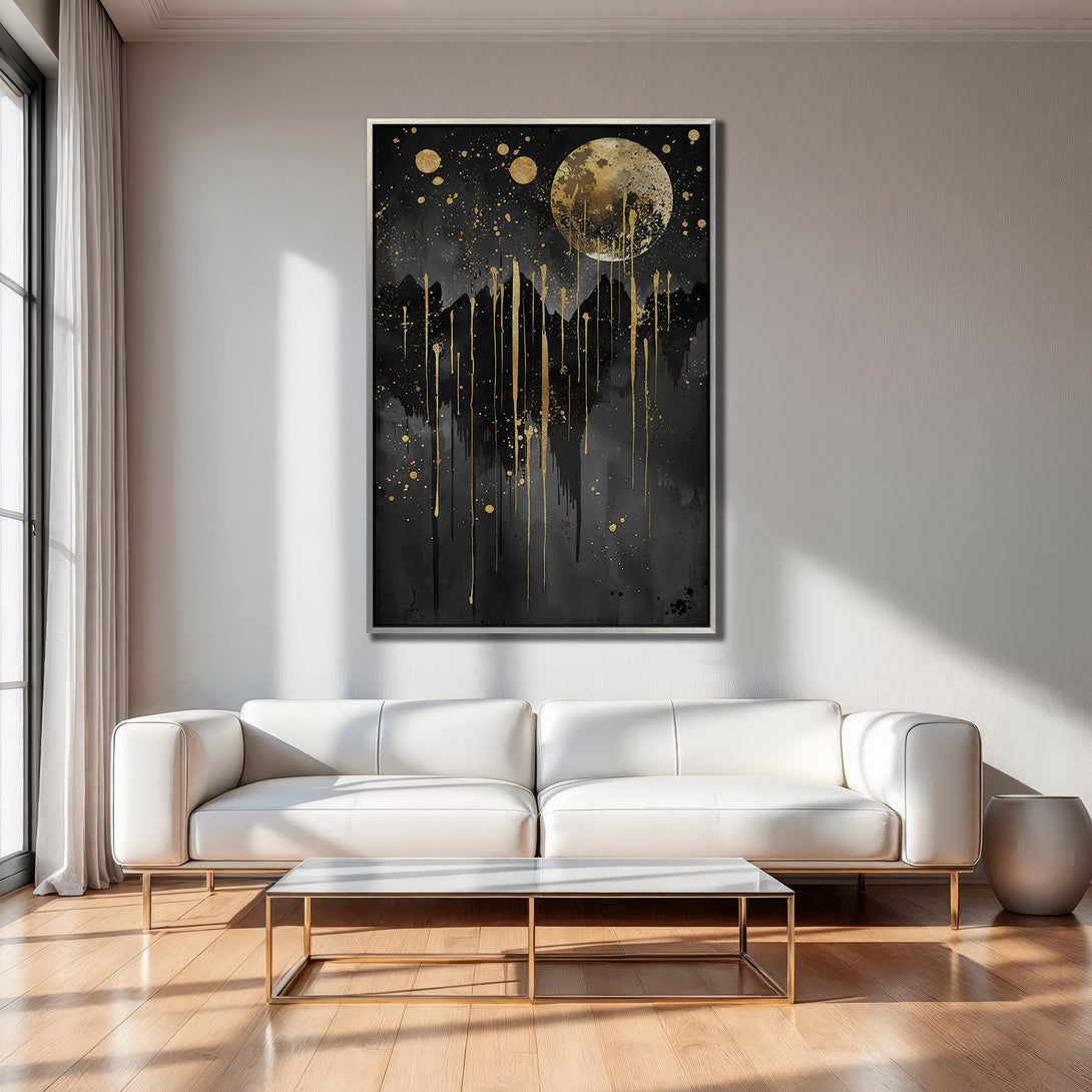 Abstract black and gold Canvas Print art, modern style, displayed in a stylish living room. Perfect for adding a touch of luxury.
