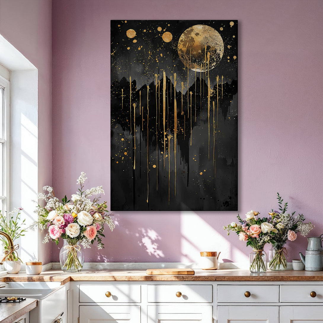 Framed Wall Art: Abstract black and gold landscape painting with a modern style. Adds elegance to any interior with its sophisticated color palette.