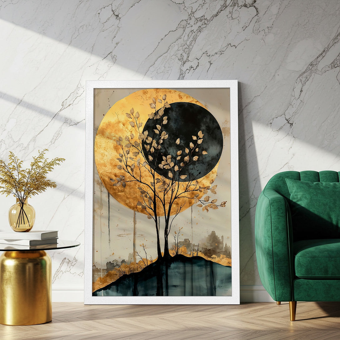 Framed Poster featuring an abstract tree design in gold, black, and teal. Modern art print for stylish home decor.