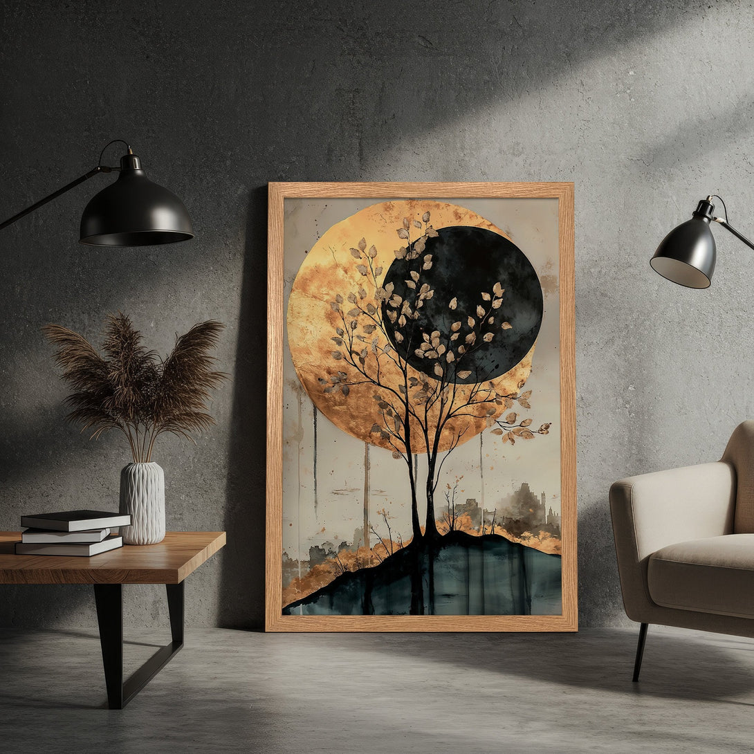 Framed Poster featuring an abstract tree design with gold and black accents. Modern art style, neutral color palette perfect for home decor.