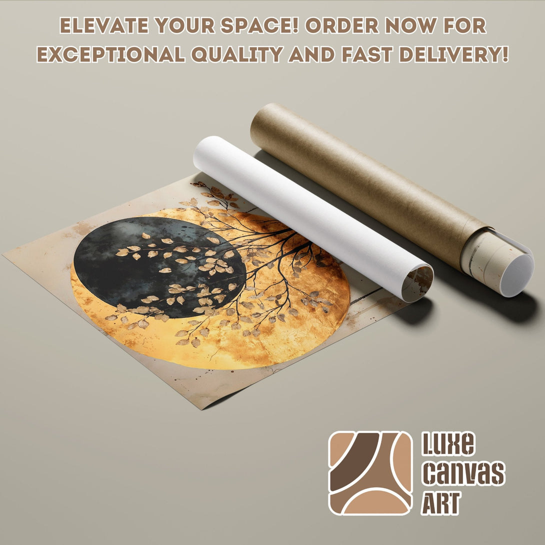 Abstract moon and tree Poster Roll art in gold, black, and neutral tones. Elevate your space!