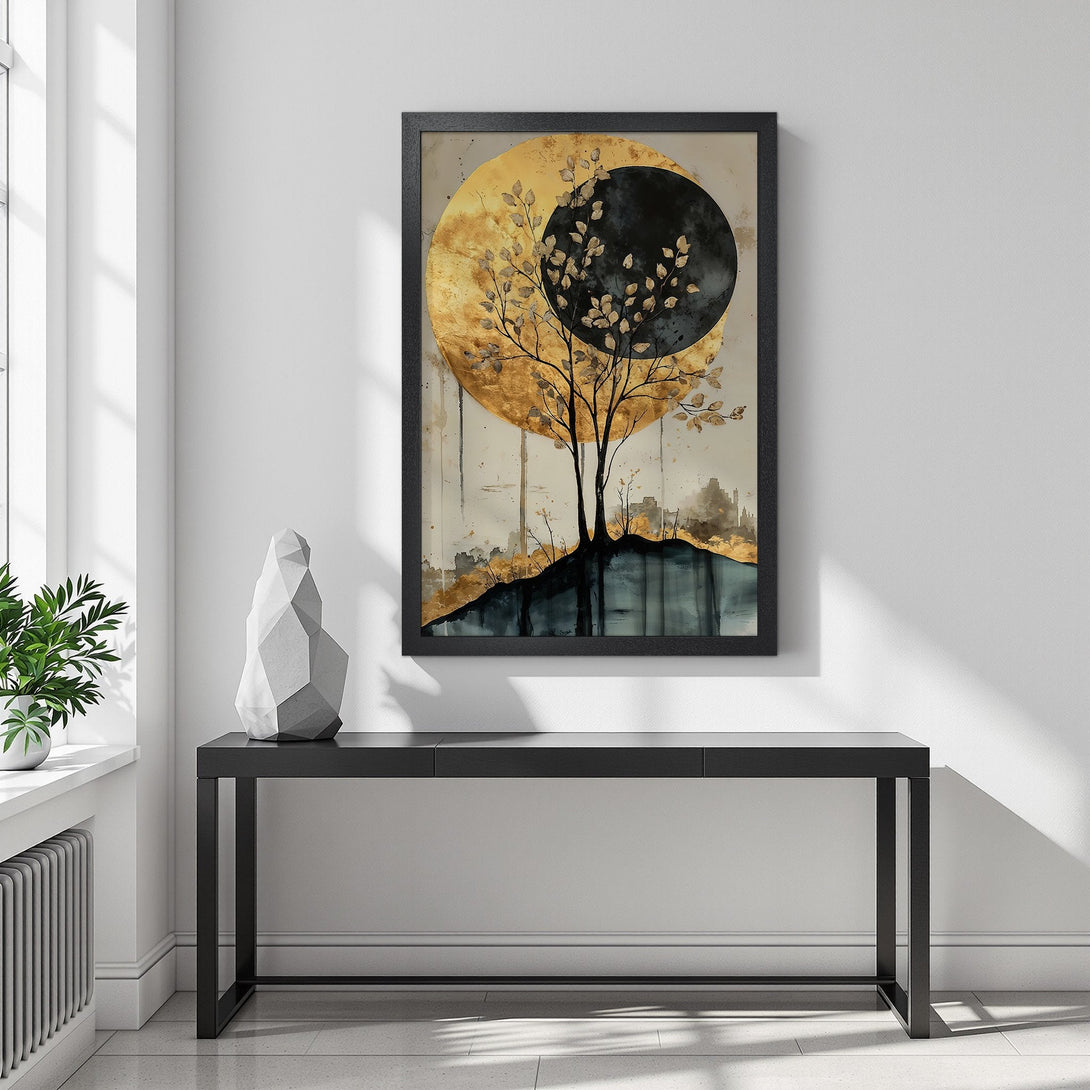 Framed Poster featuring a tree silhouette against a gold and black abstract background. Modern art print with a neutral color palette.