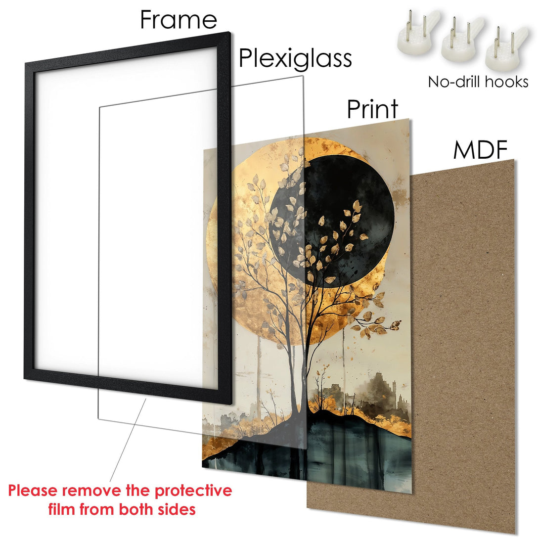 Framed Poster featuring an abstract tree design with gold and teal accents. Modern art style, neutral color palette. Ready to hang!