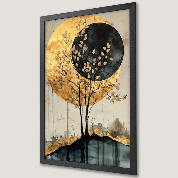Framed Poster featuring a stylized tree with gold and black accents, set against a gold and black moon. Elegant art print with a neutral color palette.