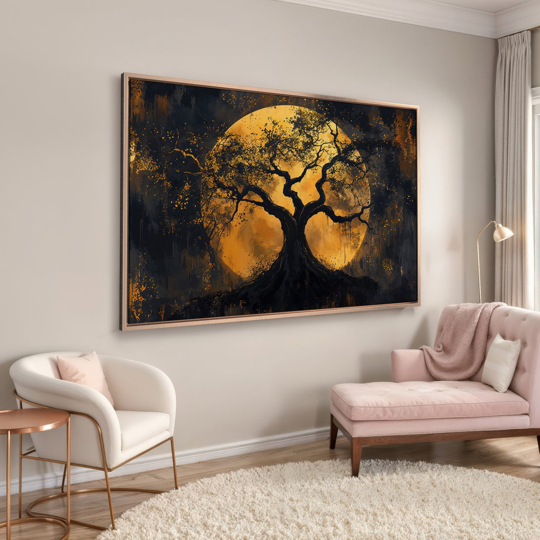 Framed Wall Art: Abstract tree against golden sun. Modern, dark, and gold color palette. Perfect for adding drama to your living space.