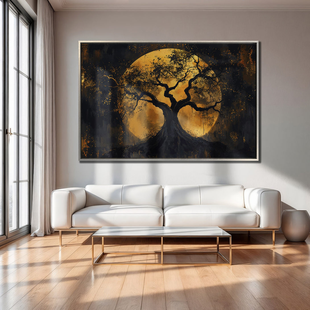 Framed Wall Art: Abstract tree art in gold and black. Modern canvas print adds a touch of elegance to any living room.