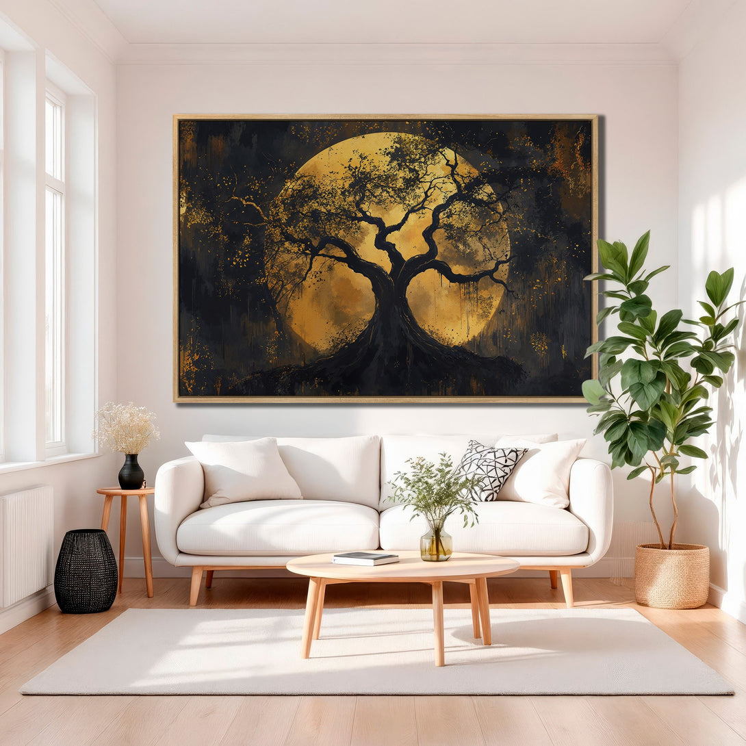 Framed Wall Art featuring a majestic tree silhouette against a golden moon. Modern abstract style with a dramatic black and gold color palette. Elevate your space!