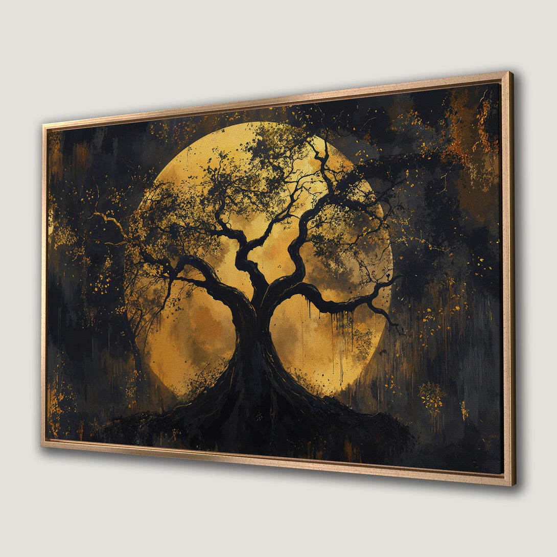 Framed Wall Art: Majestic tree silhouette against a golden moon. Stunning abstract art in black and gold. Perfect for modern home decor.