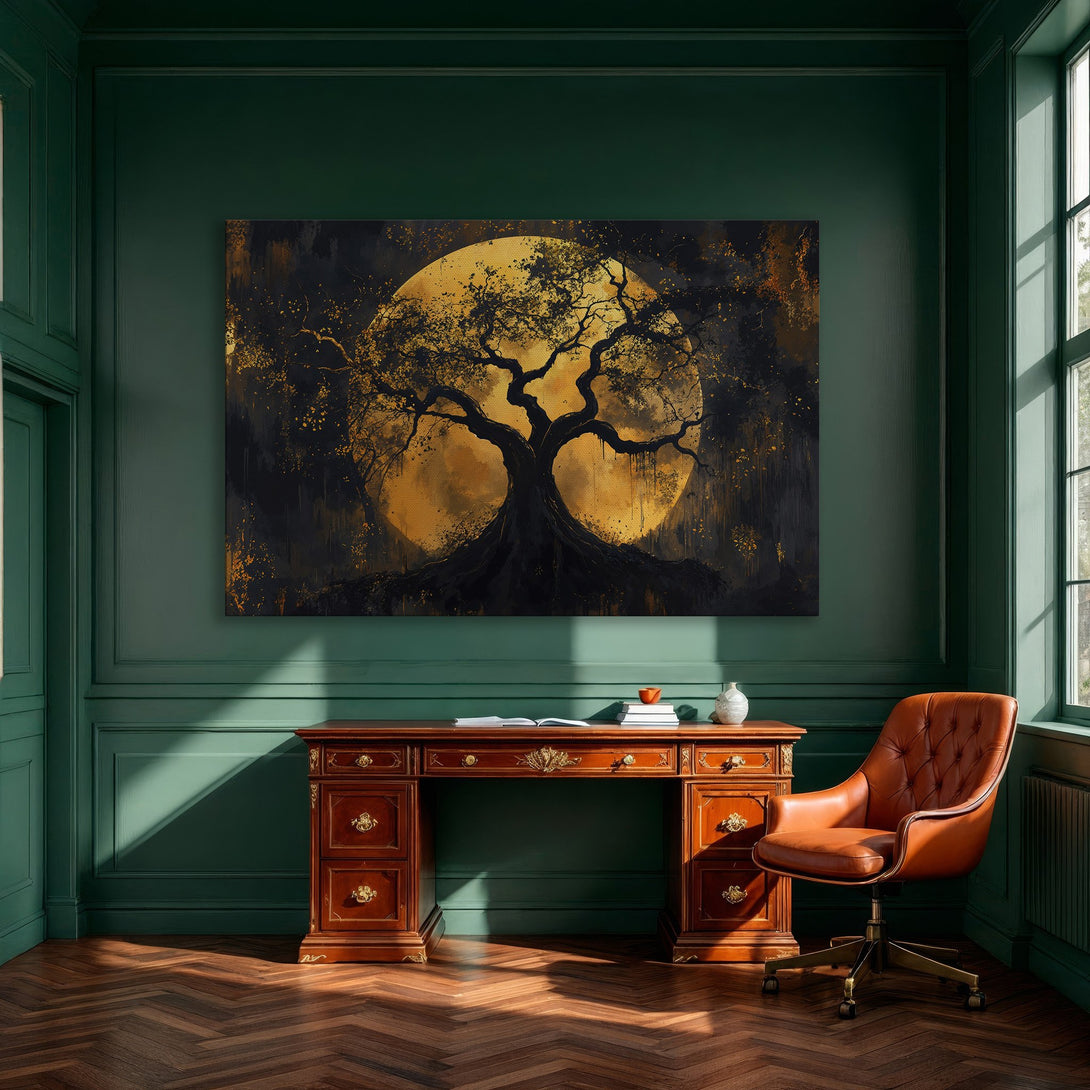 Framed Wall Art: Abstract tree silhouette against a golden moon. Dramatic black and gold color palette. Perfect for modern home decor.