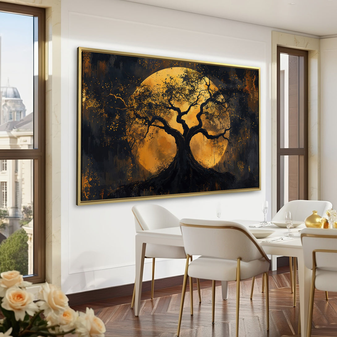 Canvas Print: Abstract tree art with gold accents on a dark background. Adds a touch of elegance to any space. Perfect for home decor.
