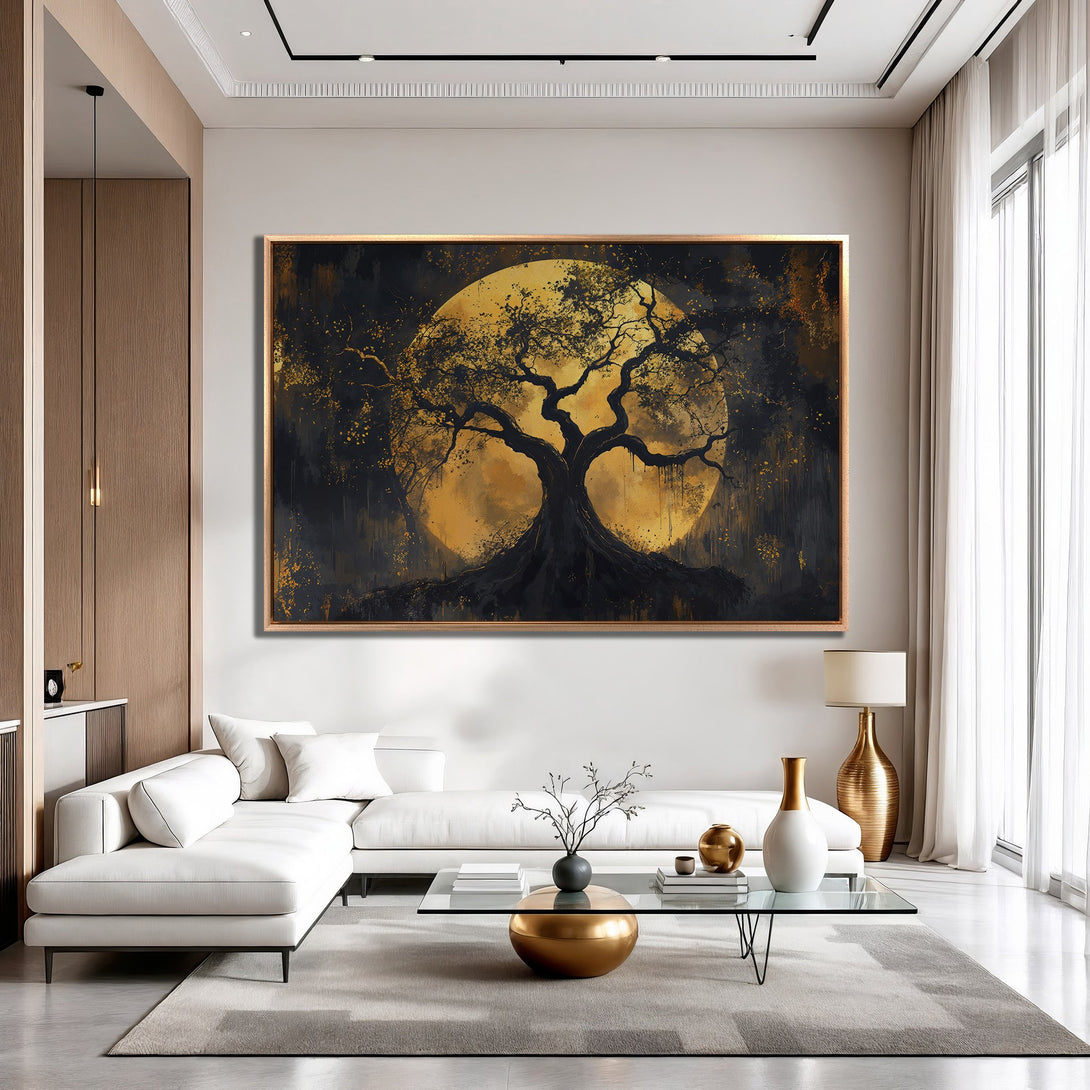 Framed Wall Art: Abstract tree painting with gold and black tones. Modern art for living room decor.