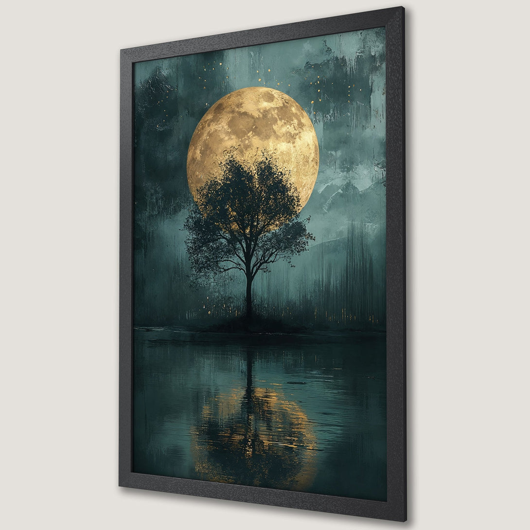 Framed Poster featuring a tree silhouette against a golden moon. Artistic style, teal and gold color palette. Perfect wall art.
