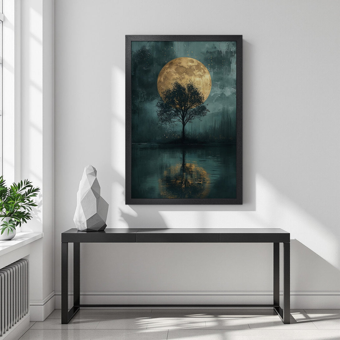 Framed Poster featuring a tree silhouette under a golden moon, in a teal and gold color palette. Add a touch of art to your home!
