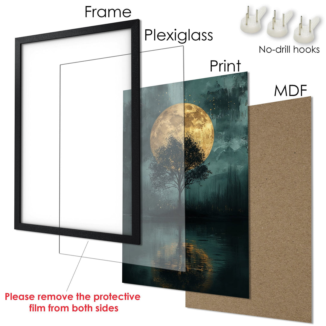 Framed Poster featuring a moonlit landscape in teal and gold tones. Modern art style, perfect for home decor.