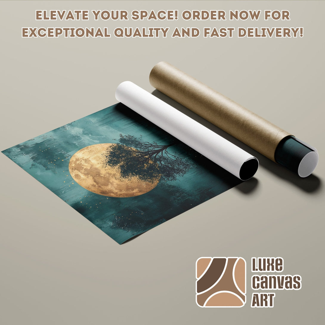 Abstract art Poster Roll with moon and tree, teal and gold color palette. Order now!