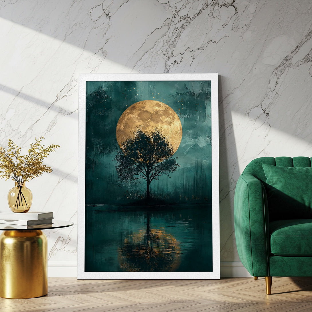 Framed Poster featuring a mystical tree under a golden moon, in a teal and gold color palette. Perfect wall art for a calming space.