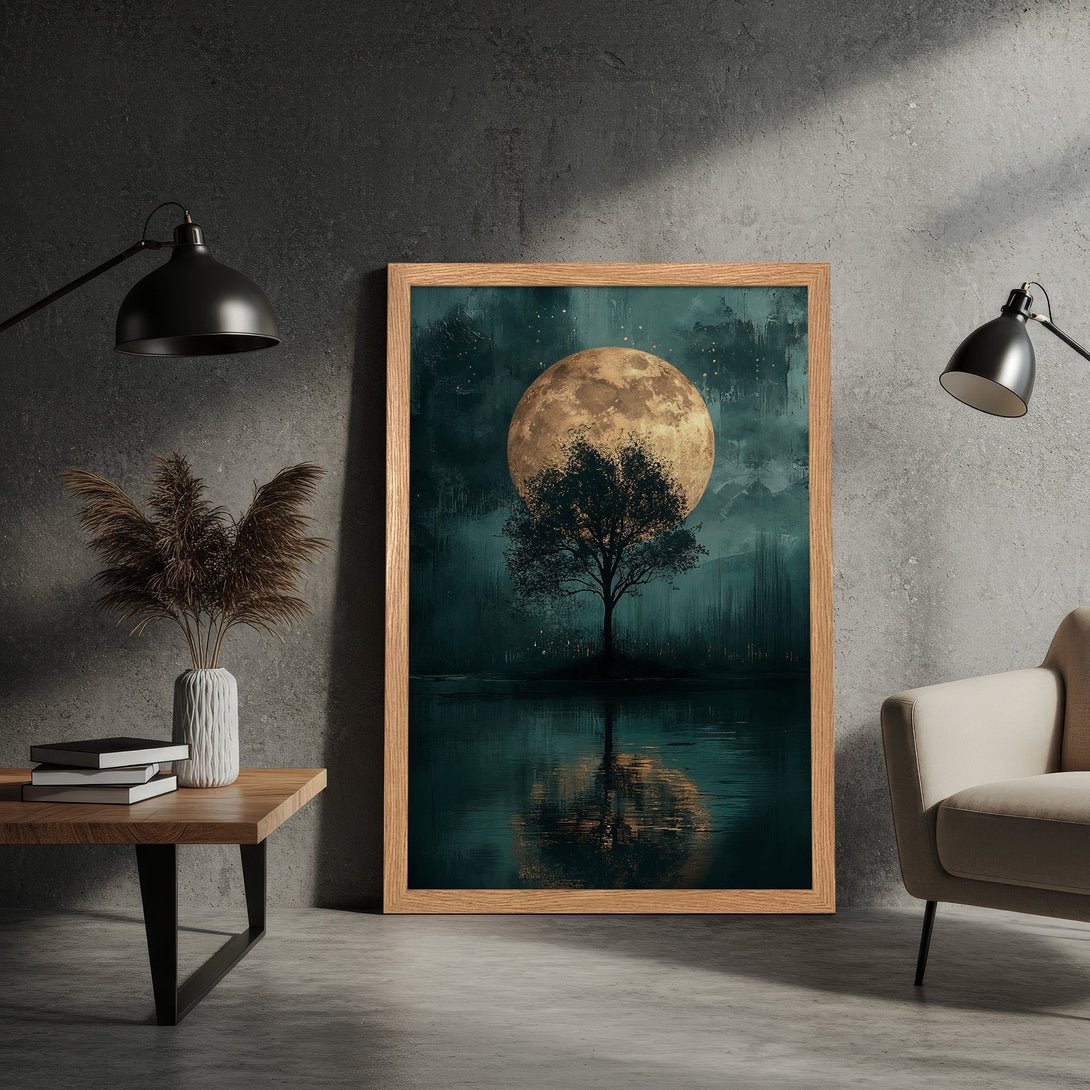 Framed Poster featuring a serene moonlit tree landscape in teal and gold hues. Perfect wall art for a calming atmosphere.
