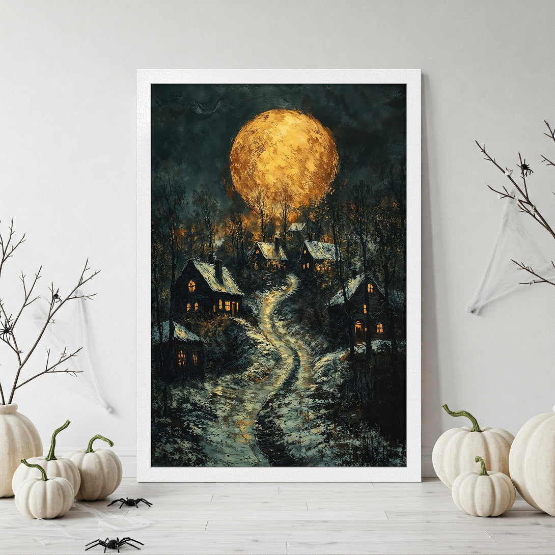 Framed Poster: Spooky village scene under a golden moon. Dark, moody art with a warm, autumnal color palette. Perfect Halloween decor.