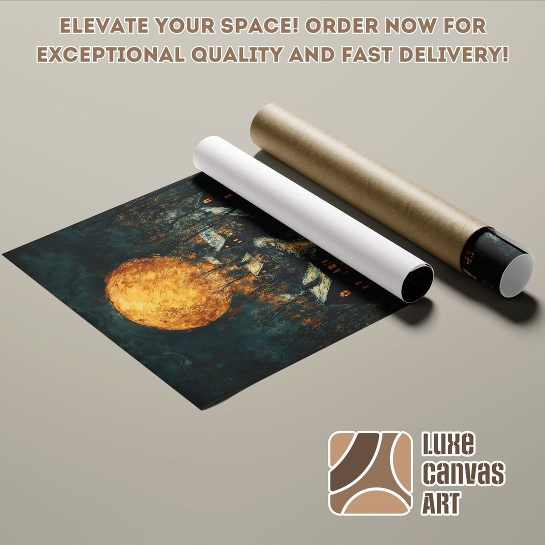 Artistic Poster Roll featuring a vibrant moon and dark forest scene. Rich teal, orange, and brown tones. Elevate your space!