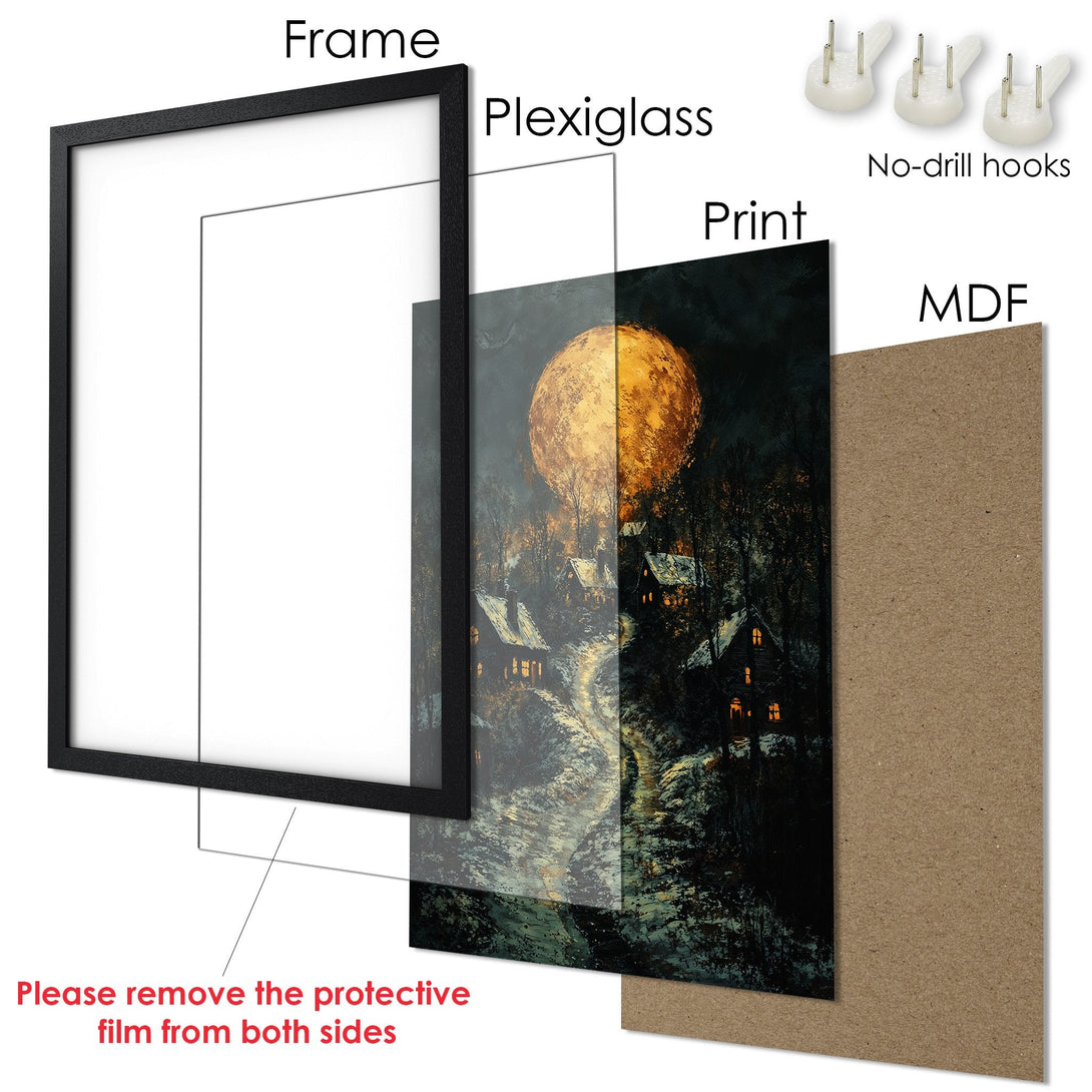 Framed Poster featuring a mystical landscape with a full moon. Dark, moody color palette with warm yellow accents. Perfect wall art!
