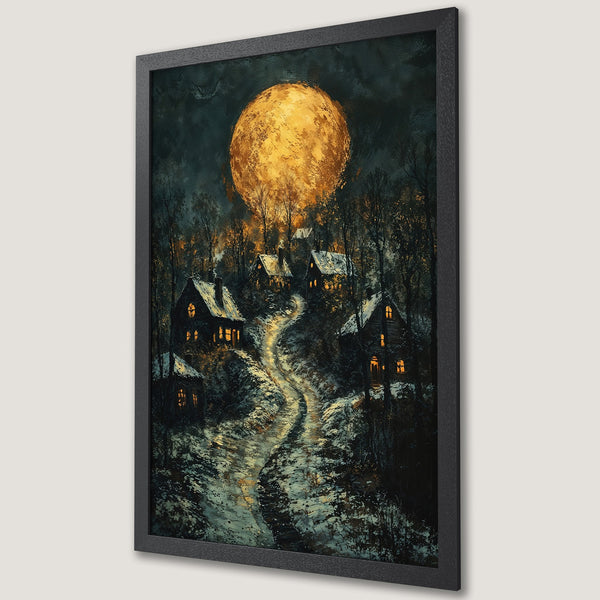 Framed Poster of a winter village scene under a golden moon. Dark, moody style with warm, inviting light. Perfect wall art.