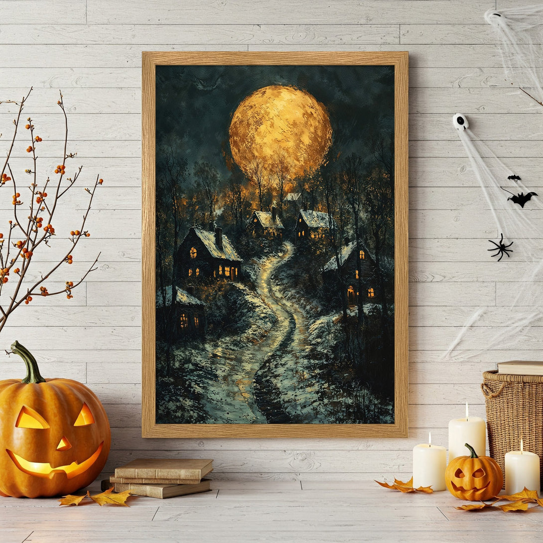 Framed Poster of a spooky village under a full moon. Dark, atmospheric art with a warm, golden and teal color palette. Perfect Halloween decor.