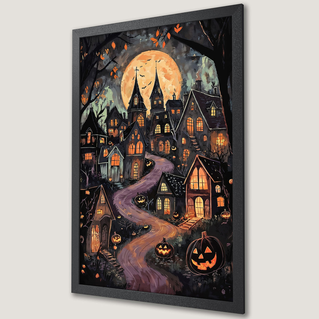 Framed Poster featuring a spooky Halloween town illustration in a dark, warm color palette. Perfect for seasonal decor!