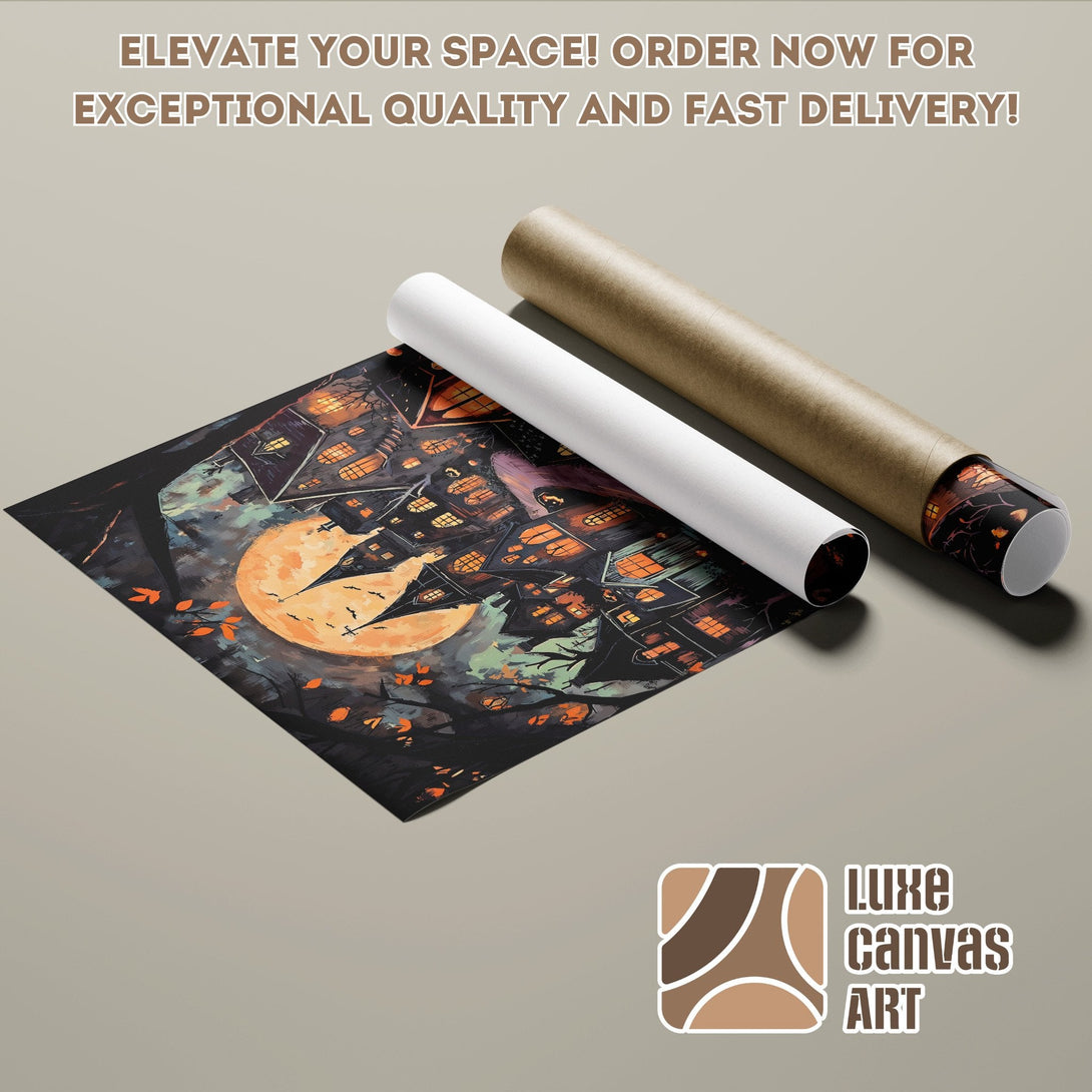 Poster Roll featuring a spooky Halloween scene with a full moon, dark color palette. Order yours today!