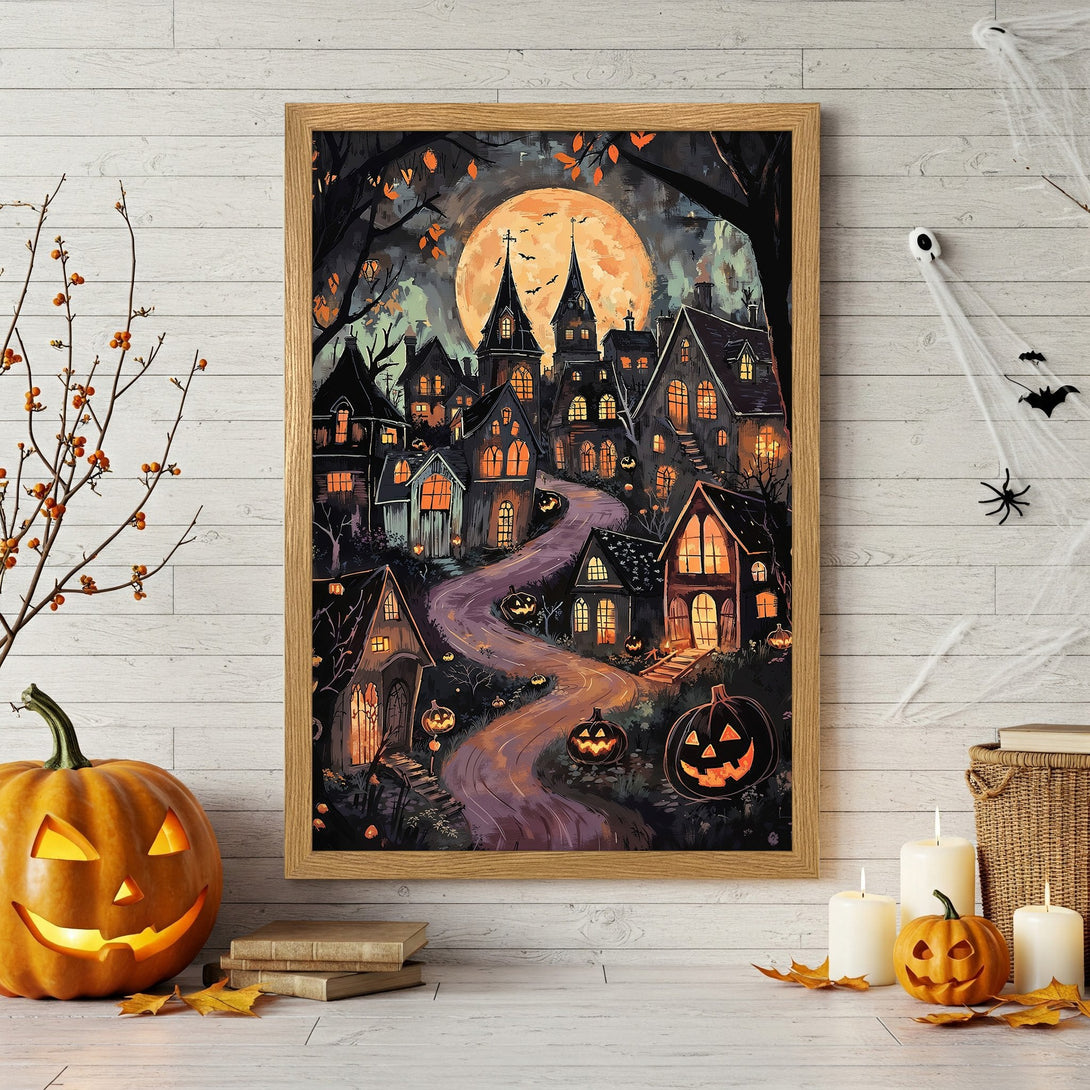 Framed Poster featuring a spooky Halloween village scene in a painterly style with orange, black, and purple hues.