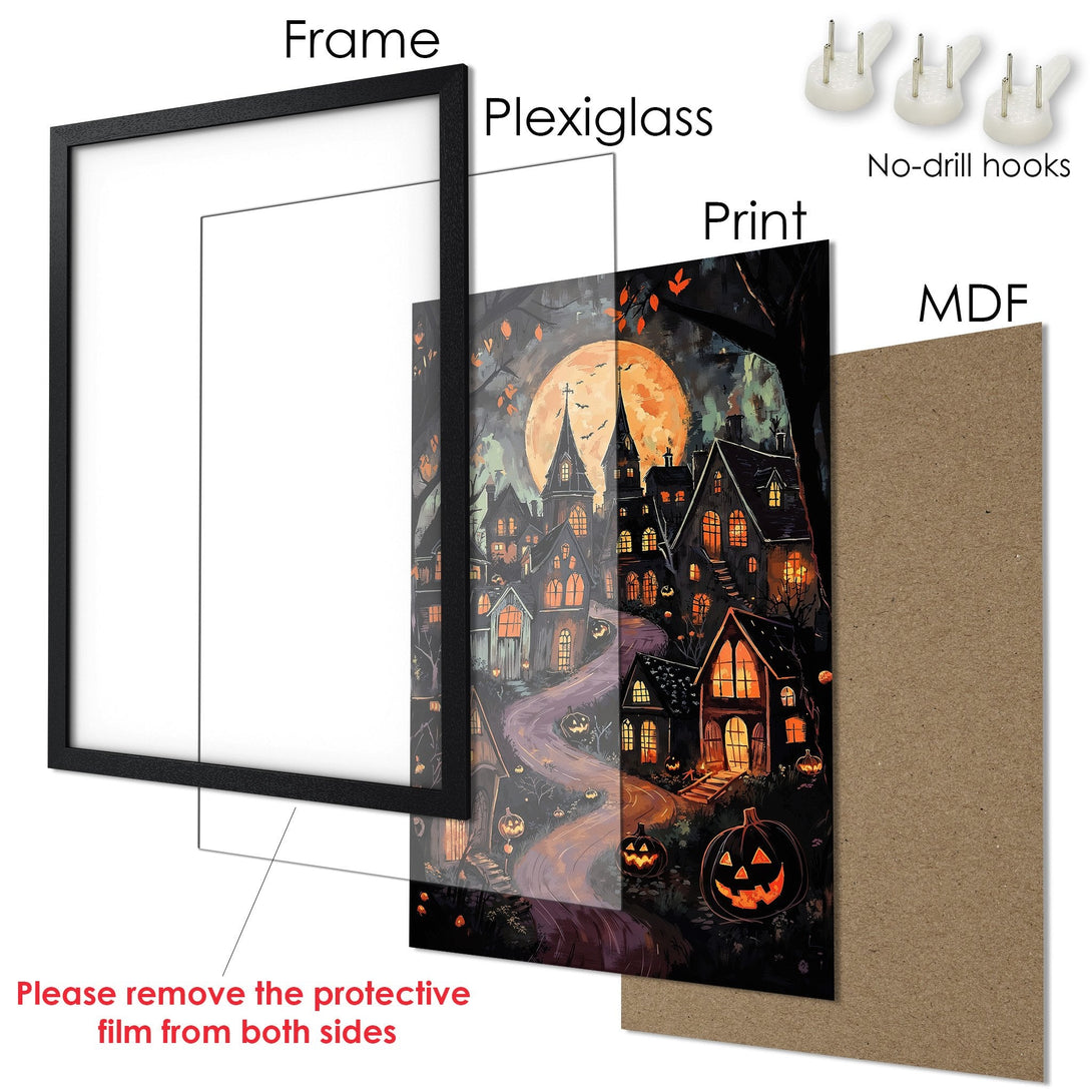 Framed Poster featuring a spooky Halloween scene with a dark, warm color palette. Perfect for seasonal decor!