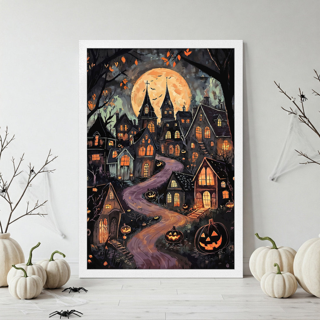 Framed Poster featuring a spooky Halloween village scene, illustrated in a dark, moody style with orange and black color palette. Perfect for Halloween decor!