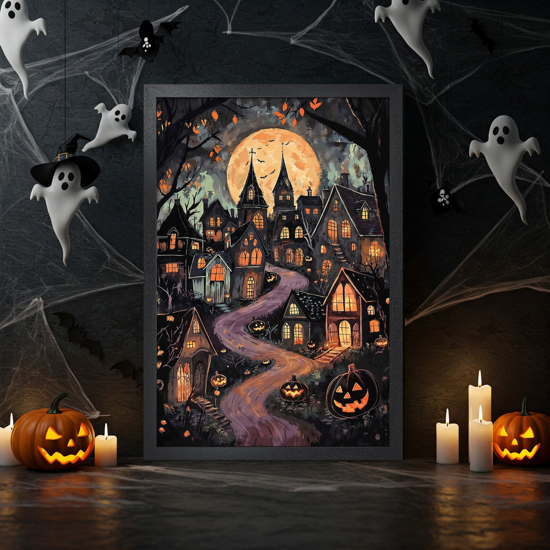 Framed Poster featuring a spooky Halloween village scene. Illustration style with orange, black, and purple color palette. Perfect for Halloween decor!