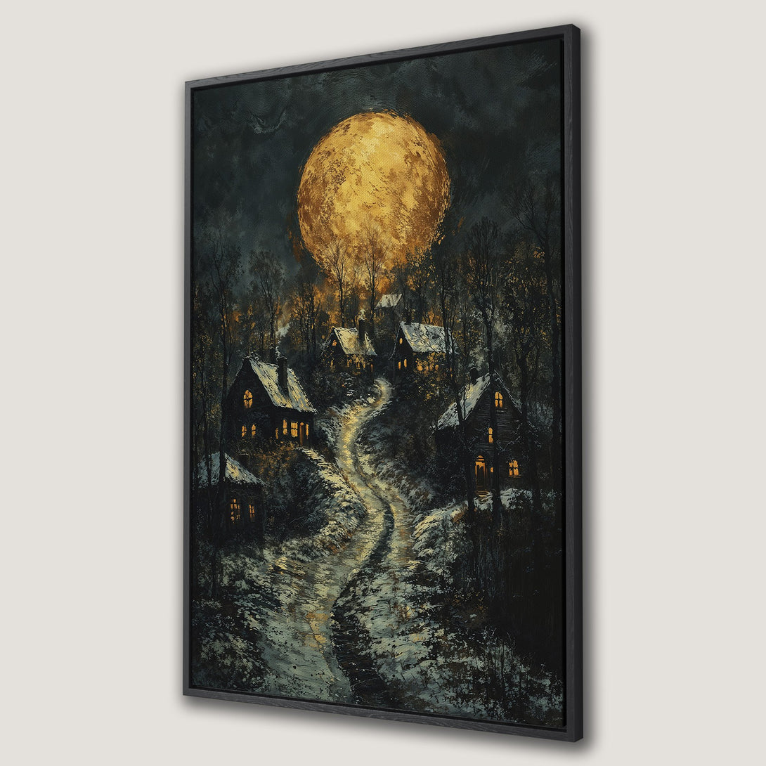 Framed Wall Art: Cozy winter village scene under a golden moon. Dark, moody painting with warm yellow and cool blue tones. Perfect for adding ambiance.