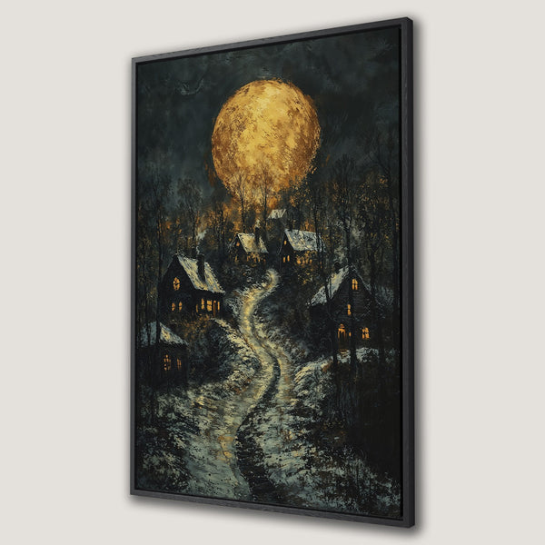 Framed Wall Art: Cozy winter village scene under a golden moon. Dark, moody painting with warm yellow and cool blue tones. Perfect for adding ambiance.