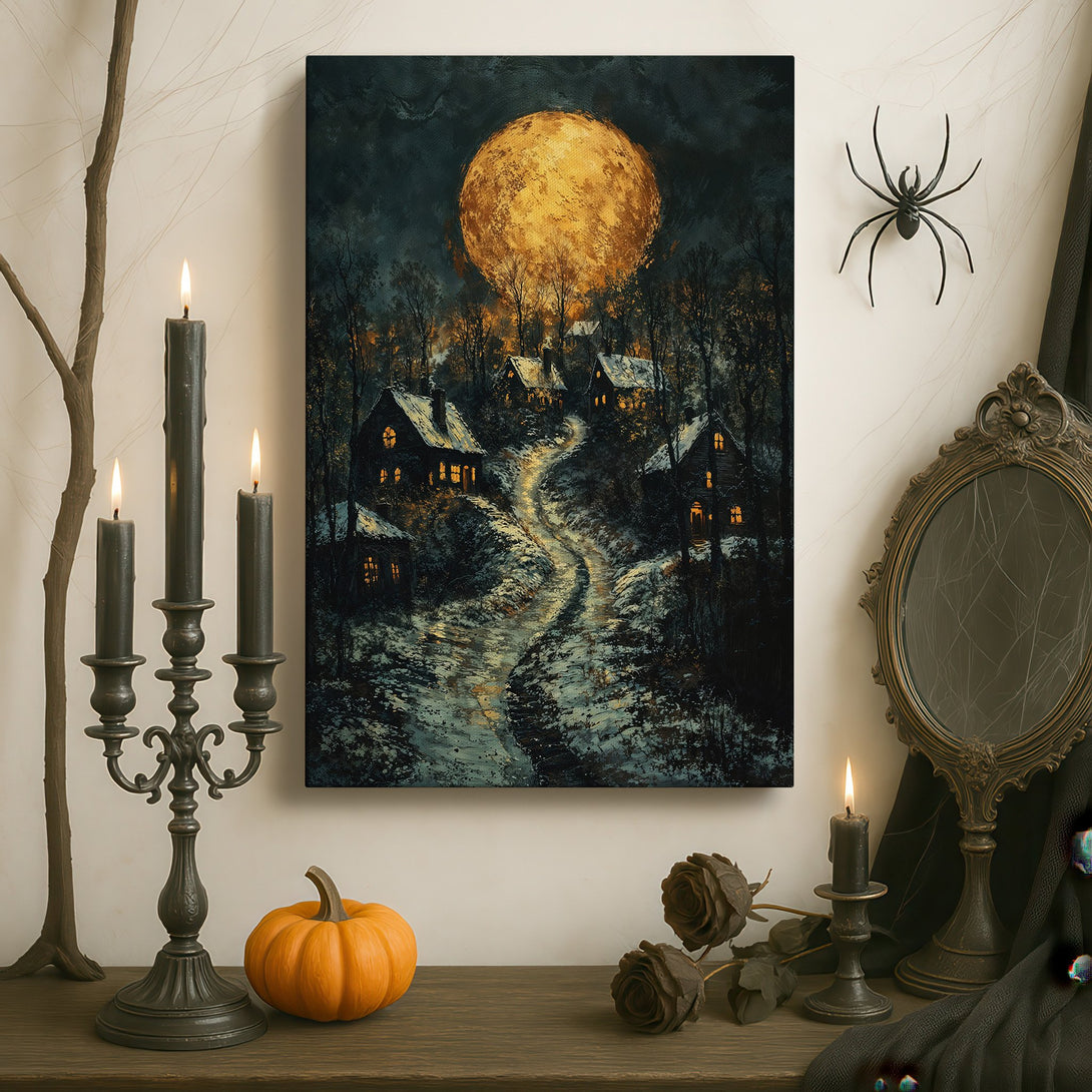 Framed Wall Art: Golden moon over a village scene. Dark, moody painting with warm gold and cool blue tones, perfect for adding a touch of elegance to any room.
