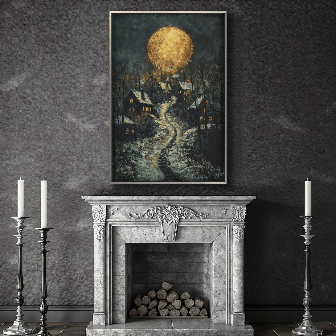 Framed Wall Art: Serene winter village scene with a golden moon. Dramatic, painterly style with dark, moody tones and warm light. Perfect for cozy interiors.