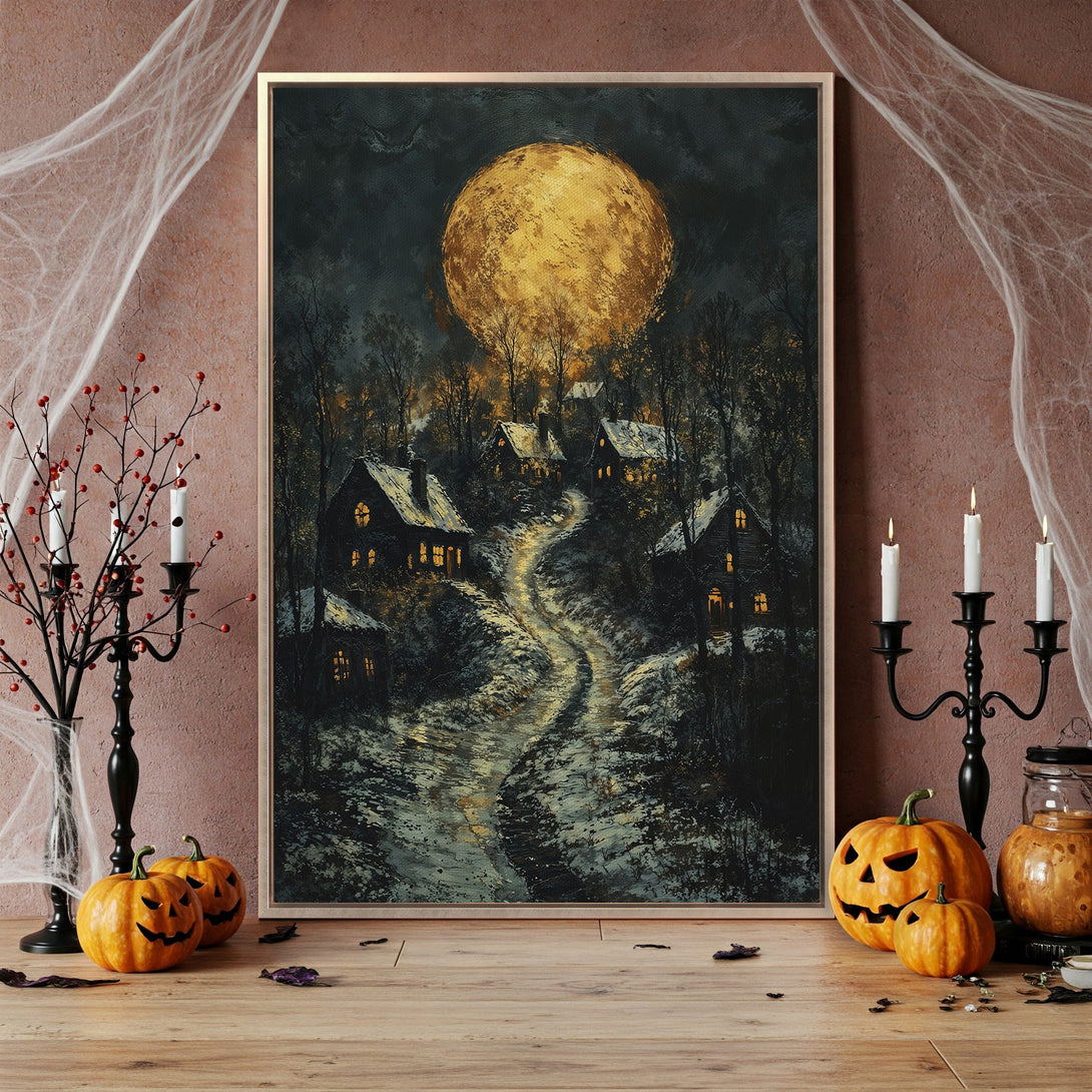 Framed Wall Art: Spooky Halloween landscape with a golden moon, dark trees, and cozy cottages. Moody, vintage style in a dark, warm color palette.
