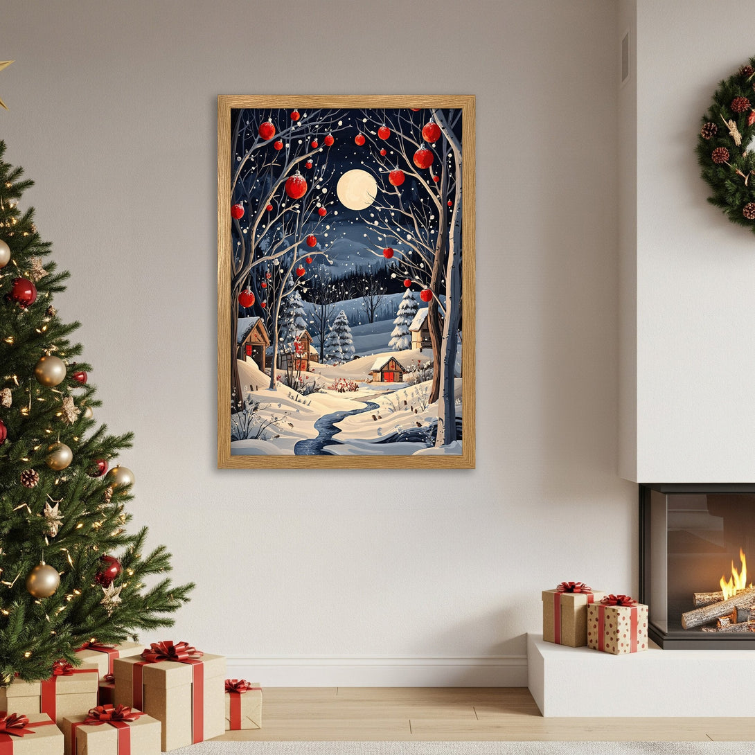 Framed Poster featuring a winter landscape with red ornaments. Cozy art print in a warm, inviting color palette. Perfect holiday decor.