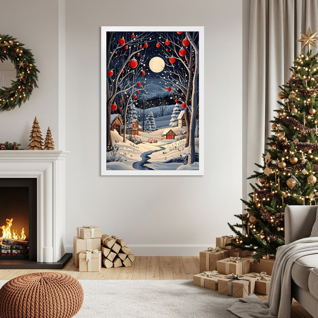 Framed Poster of a winter wonderland scene with red accents. Perfect holiday decor! Features a blue, white, and red color palette.