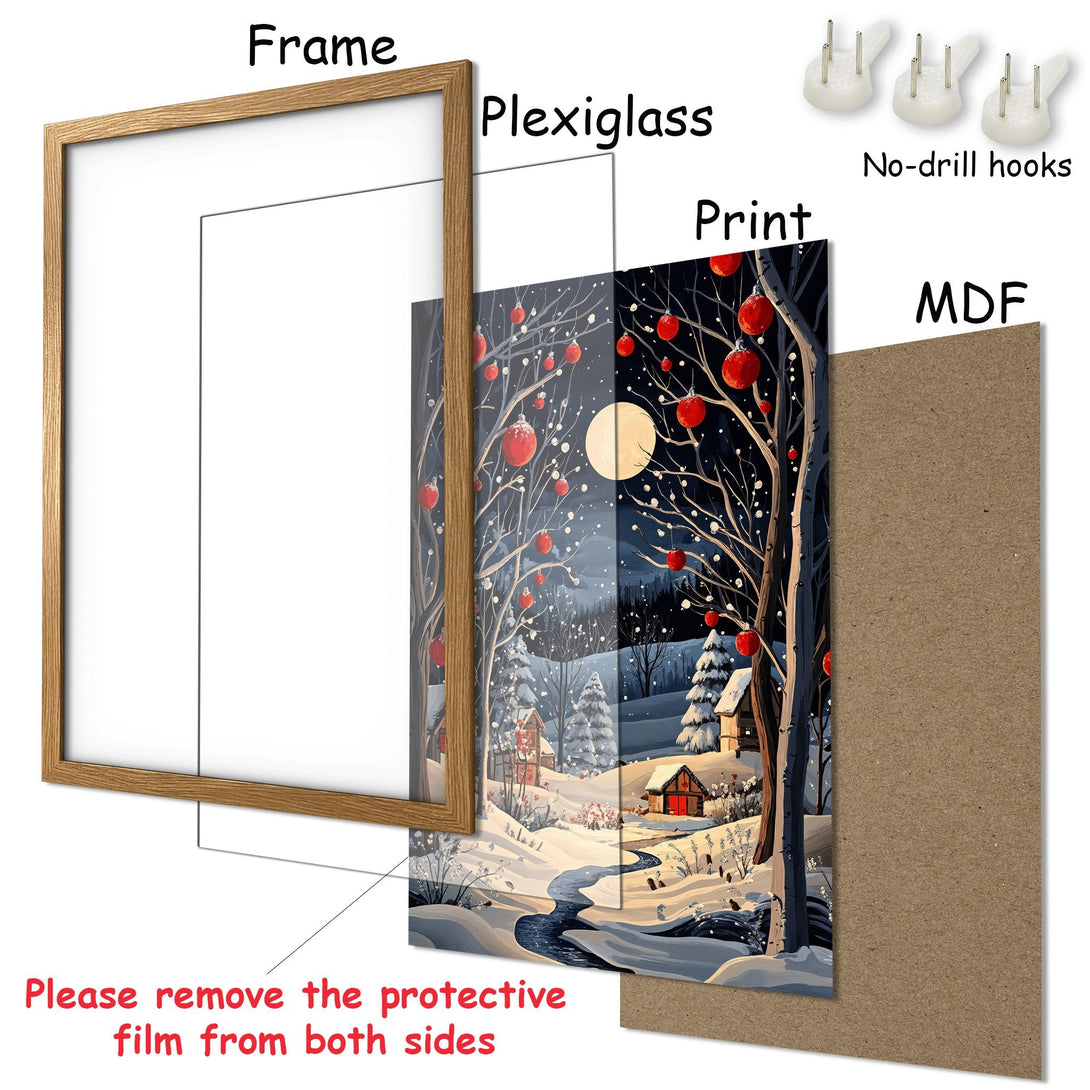 Framed Poster: Winter landscape art with red accents. Cozy cabin scene in cool blue, white, and dark tones. Perfect wall decor.