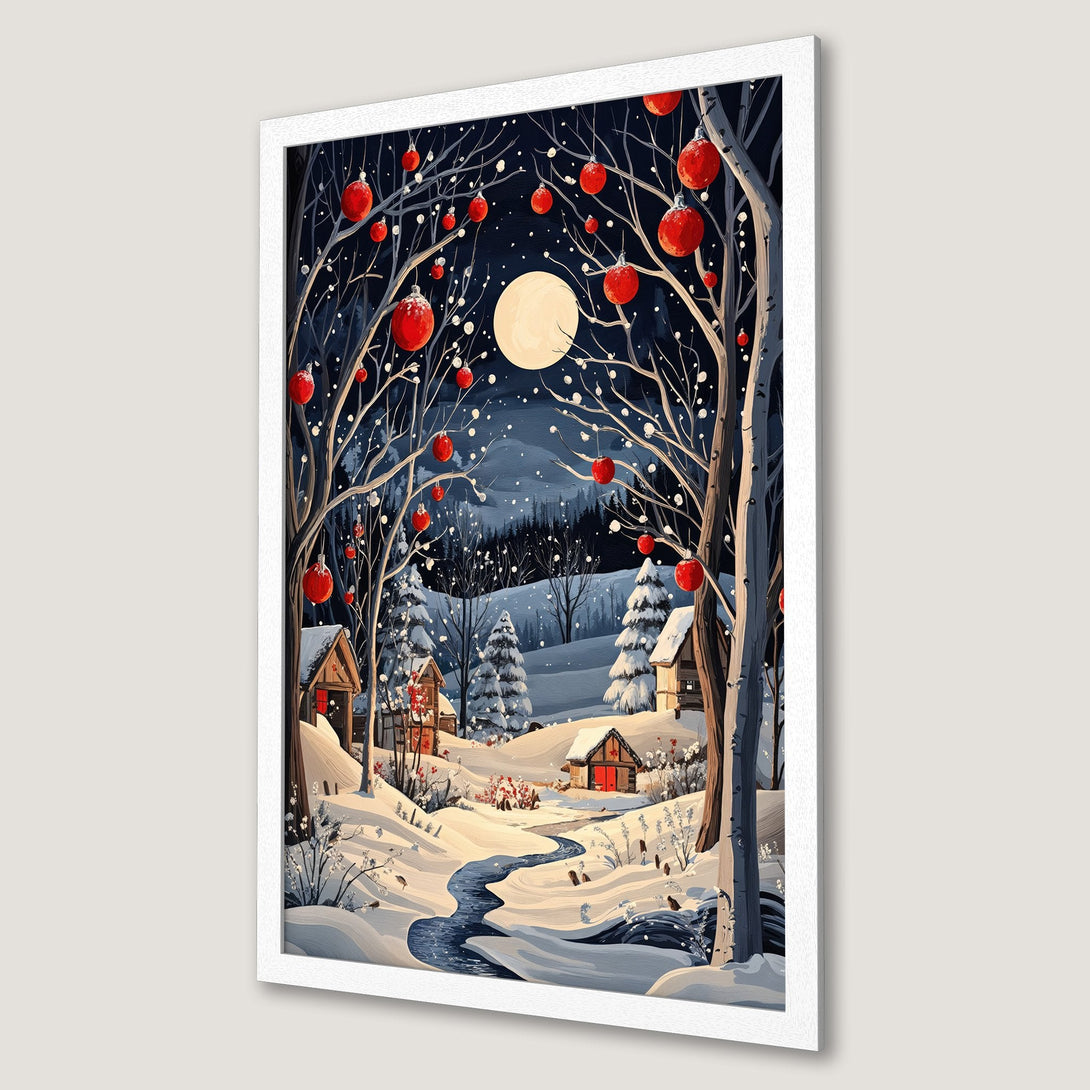 Framed Poster: Winter scene with snow-covered landscape, red ornaments, and a full moon. Beautiful art in a blue and white color palette. Perfect wall decor.