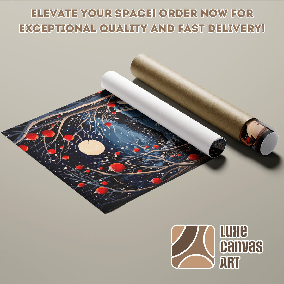 Poster Roll featuring a whimsical night scene with red berries, in a dark blue and red color palette. Elevate your space!