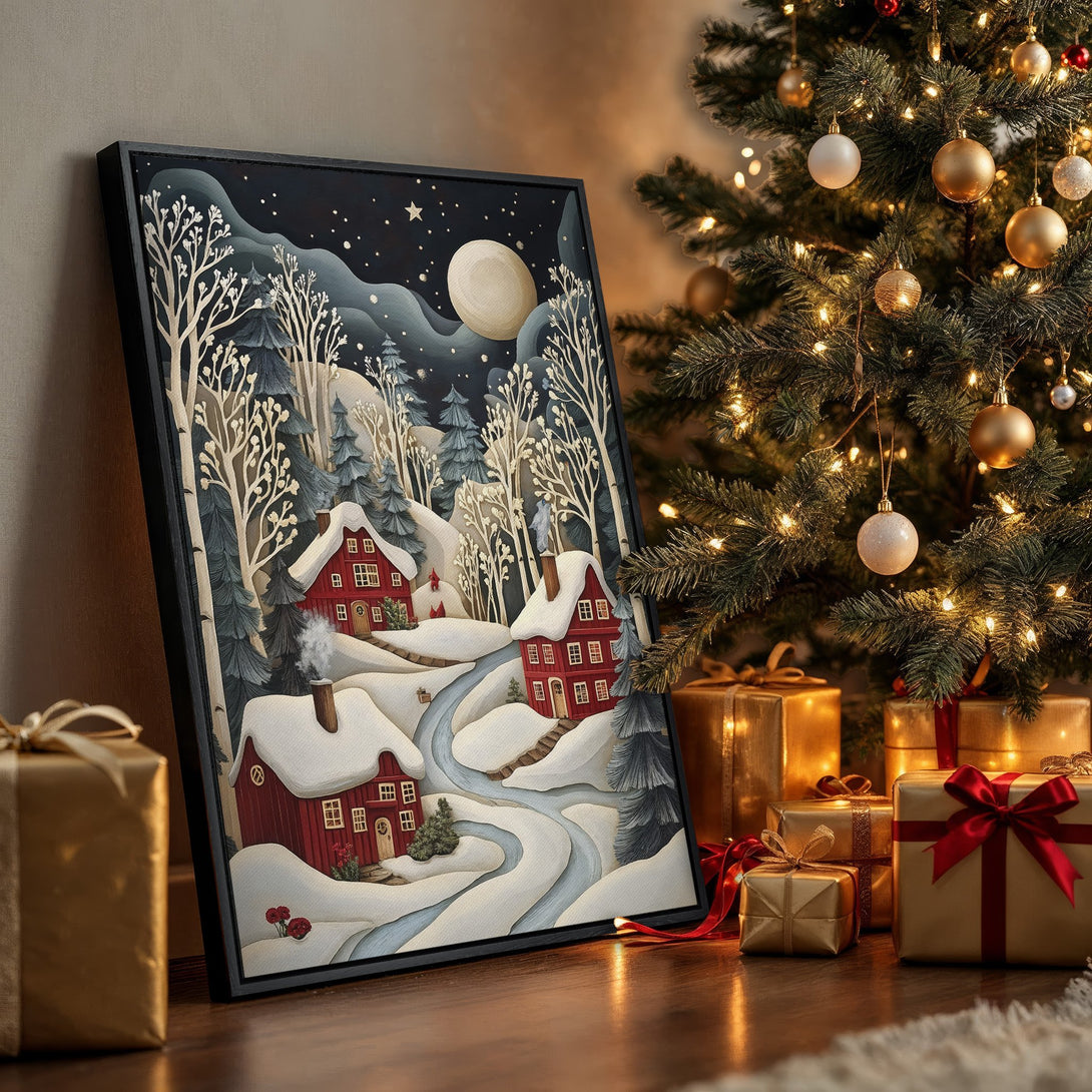 Framed Wall Art: Cozy winter scene with red houses, snowy landscape, and a dark blue night sky. Beautiful art in a warm, inviting color palette. Perfect holiday decor!
