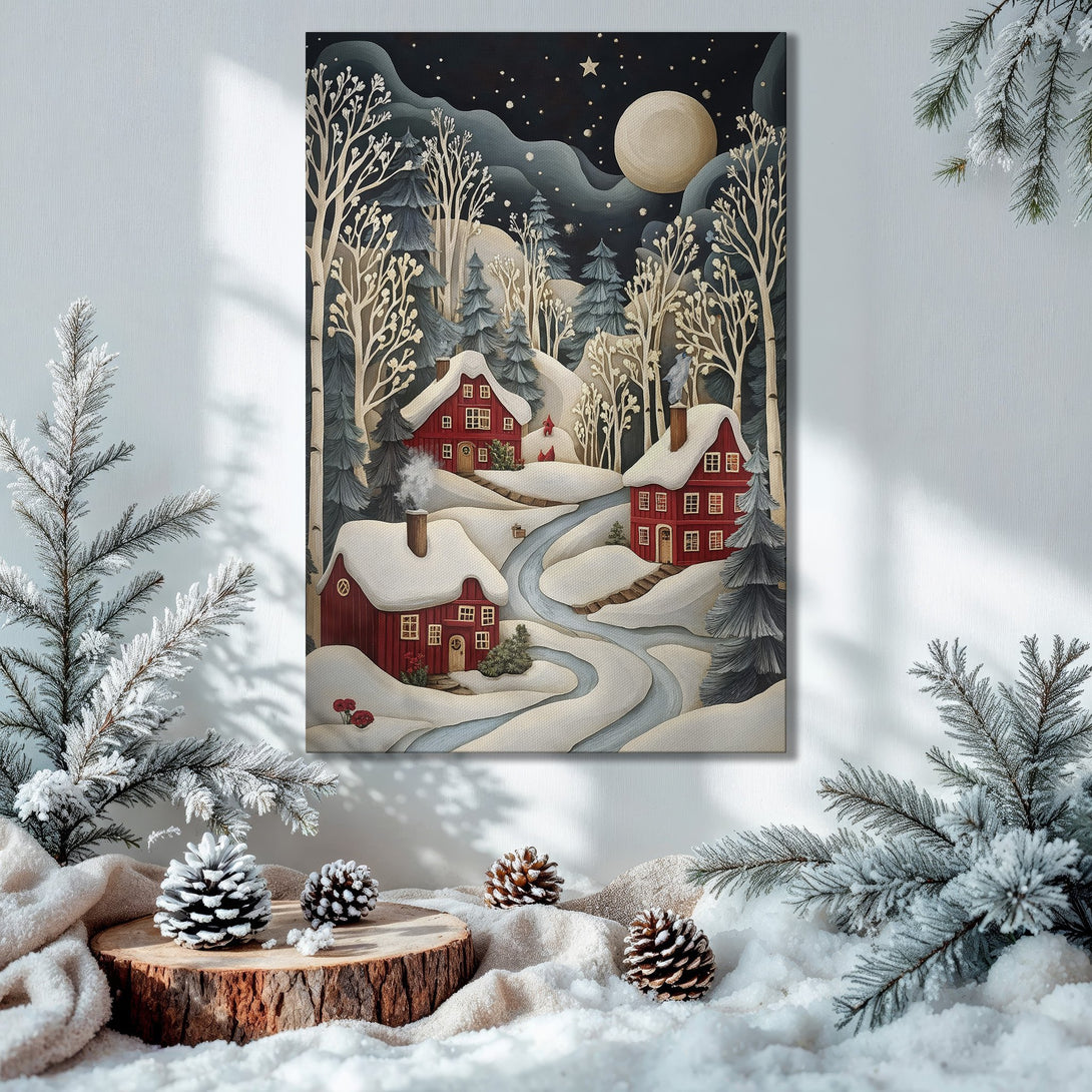 Framed Wall Art: Winter landscape Canvas Print with red houses, snowy scene, and a cool, festive color palette. Perfect Christmas decor!
