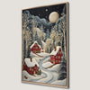 Moonlit Winter Village Canvas Print with Whimsical Red Cabins